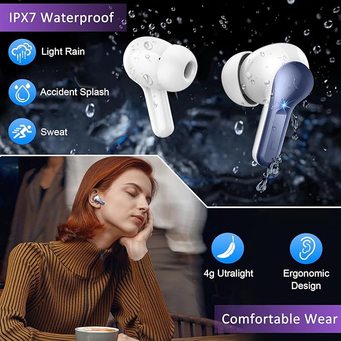 Wireless Earbuds, Bluetooth Headphones 5.4 HiFi Stereo Ear buds with ENC Noise Cancelling Mic, 40H Bluetooth Earbuds with Dual LED Display Charging Case, IP7 Waterproof Earphones for Android iOS