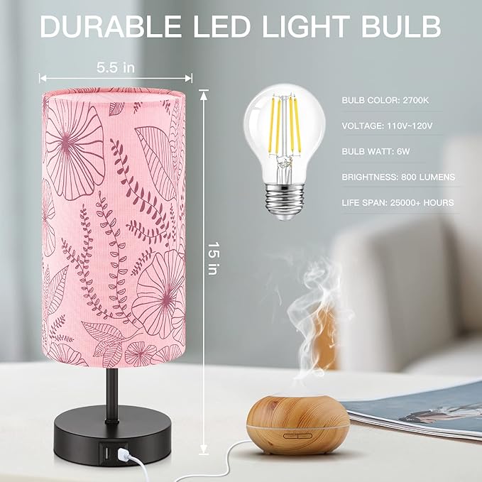 CINSARY Touch Control Bedside Lamp with 2 USB Ports, 3-Way Dimmable Table lamp for Bedroom, Nightstand Lamp with Round Pink Flower Fabric Shade for Living Room Home Office (E26 LED Bulb Included)