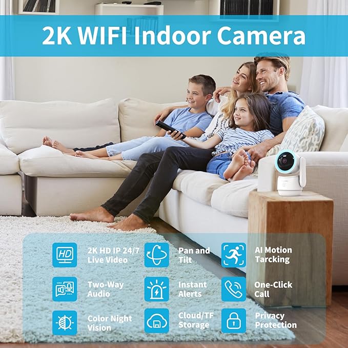 Indoor PTZ Security Camera, 2K 3MP Pan-Tilt with Privacy Mode, No Subscription, 32GB TF Card Included, Dual-Band 5G/2.4G WiFi, AI Motion Detection, Night Vision, 2-Way Audio, Siren (Blue)