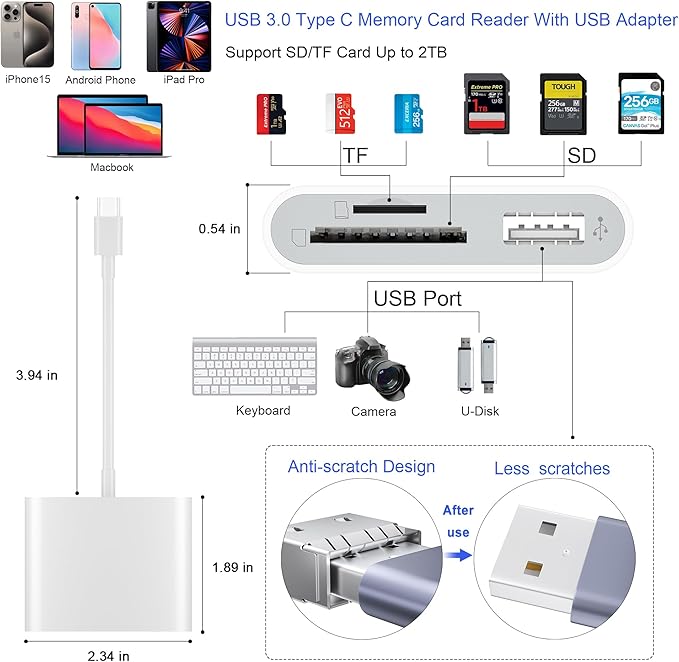 SD Card Reader, USB 3.0 Type C High Speed to SD/TF Card Adapter for iPhone 17/16/15 Pro Max Memory Card Reader with SD MicroSD USB 3 Port for Mac/iPad/MacBook Pro/Air Android Phone Tablet(White)