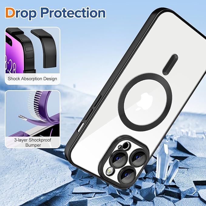 Hython Magnetic Clear for iPhone 14 Pro Max Case with Camera Lens Protector [Compatible with MagSafe] Plating Edge Slim Soft TPU Cover Protective Phone Case for iPhone 14 Pro Max 6.7", Matte Black