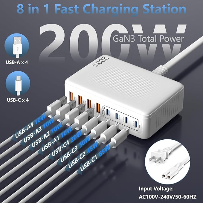 200W USB C Charger Block,GaN III 8-Port Fast Charging Station Hub,PD 65W Laptop Charge Adapter Compatible with All MacBook Pro/Air/iPad,DELL,iPhone /17/16/15/14/13/Pro Max/Galaxy Pixel Series