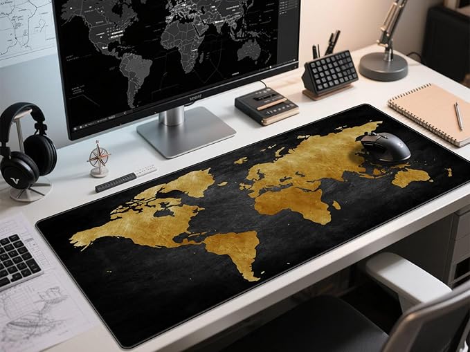 Rinaze Mouse Pad Desk Mat, Multifunctional Large Gaming Mousepad, Office Desk Pad with Washable Durable Design, Keyboard Pad in Black World Map