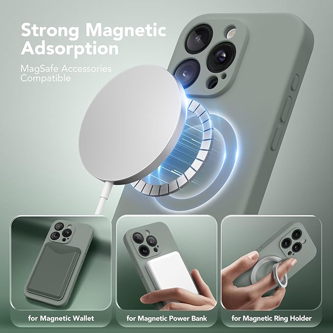 Magnetic for iPhone 15 Pro Max Case, Compatible with MagSafe, [Full Camera Protection][Screen Protector] Silicone Shockproof Protective Phone Case for iPhone 15 Pro Max 6.7", Calke Green | Magnetic, Screen Protector, Silicone, Shockproof
