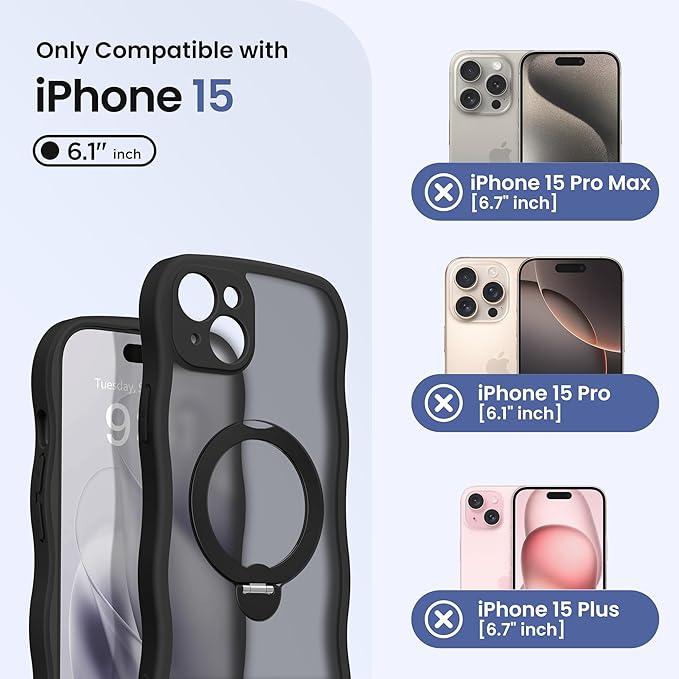 CAPRARO for iPhone 15 Case with 360° Spin Magnetic Stand for Women, [Compatible with MagSafe] [Full Camera Protection] Cute Wave Translucent Matte Case for iPhone 15, Black