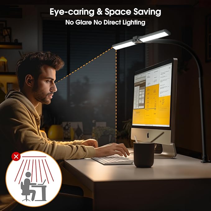 SIBRILLE LED Desk Lamp for Home Office - Dimmable Computer Desk Light with Clamp, Modern Architect Task Lamp with Color Changing, Flexible Desktop Lamp with Gooseneck for Monitor, Double Head, Black