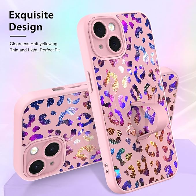 KANGHAR Compatible with iPhone 15 Case, Support for MagSafe, Silicone Cute Iridescent Leopard Cheetah Pattern, Wristband Kickstand Shockproof Protective Slim Cover for Women Girls, Pink