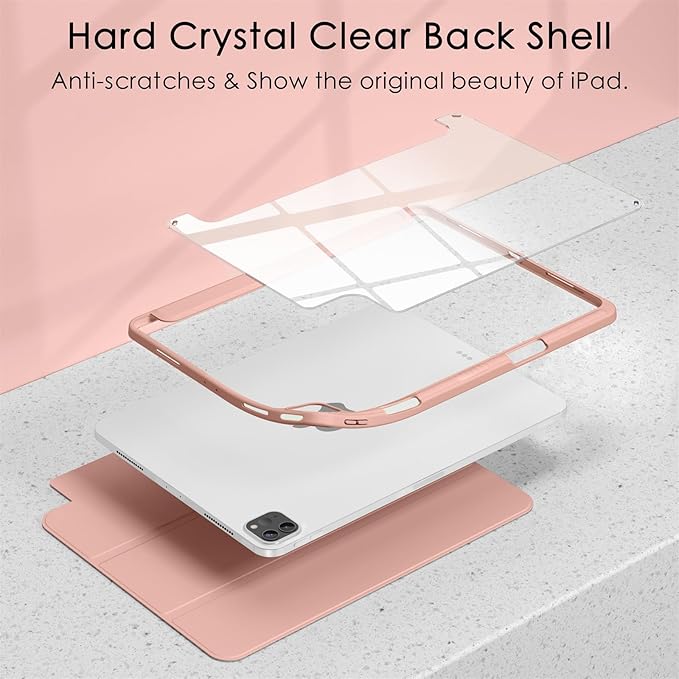 Soke Case for iPad Pro 12.9 Inch (6th/5th/4th/3rd Generation, 2022/2021/2020/2018) - Pencil Holder + Auto Sleep/Wake + Camera Protection, Transparent Shockproof Back Cover,Rose Gold