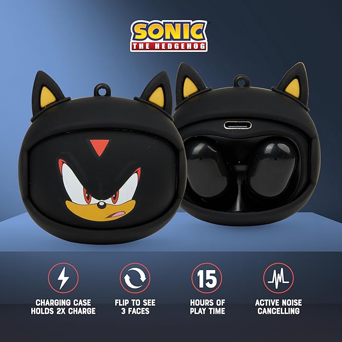 Sonic The Hedgehog Wireless Earbuds, True Wireless Bluetooth Earbuds, in-Ear Headphones with Active Noise Cancelling and Charging Case (Shadow The Hedgehog)