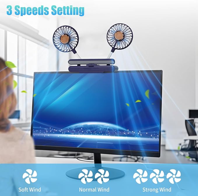 Desktop Fan with LED Lights, Monitor Clip on Fan with 2 Rotatable Heads, 3 Speeds Office Desk Fans Small Quiet Sturdy Adjustable Clamp, Strong Wind Personal Cooling Fans for Laptop, Desktop.