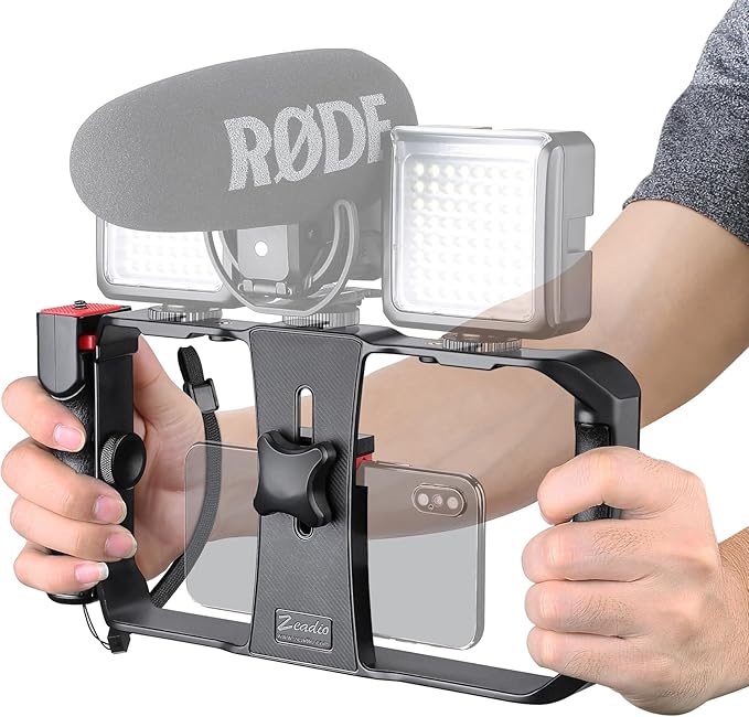 Zeadio Smartphone Stabilizer Grip, Cellphone Video Rig Tripod Mount Holder, with Wireless Remote Shutter for All iPhone and Android Smartphones