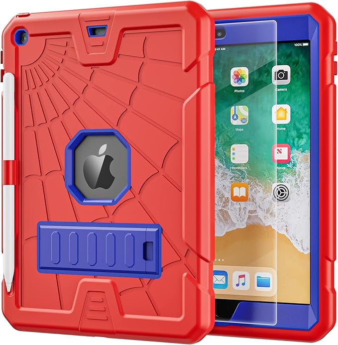 TSQQST iPad 6th/5th Generation Case 9.7 Inch with Tempered Glass Screen Protector&Pencil Holder&Stand | Heavy Duty Shockproof Rugged Protective iPad 9.7 Case 2017 2018 for Kids Boys Girls | Red+Blue
