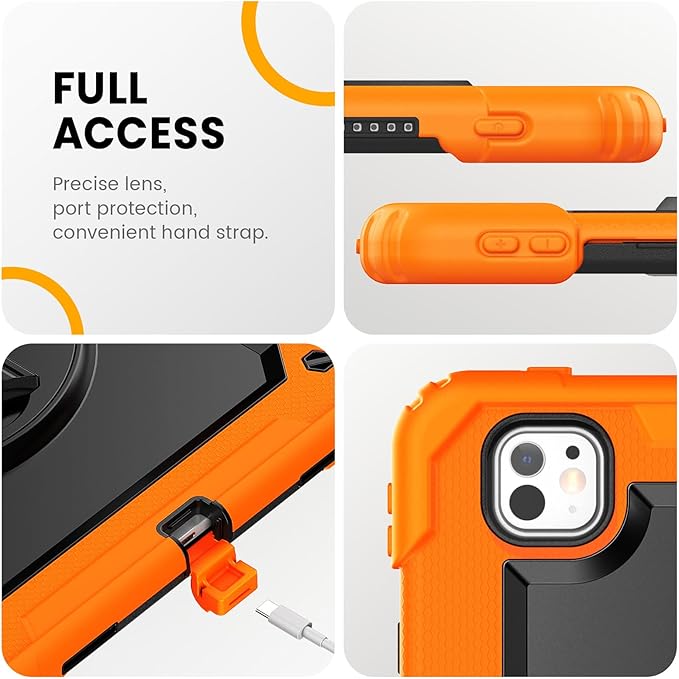 timecity Case for iPad Pro 13 Inch M5 2025 / M4 2024, 360° Rotating Stand, Pencil Holder & Wireless Charging, Shockproof with Screen Protector & Shoulder Strap - for Designers & Professionals, Orange