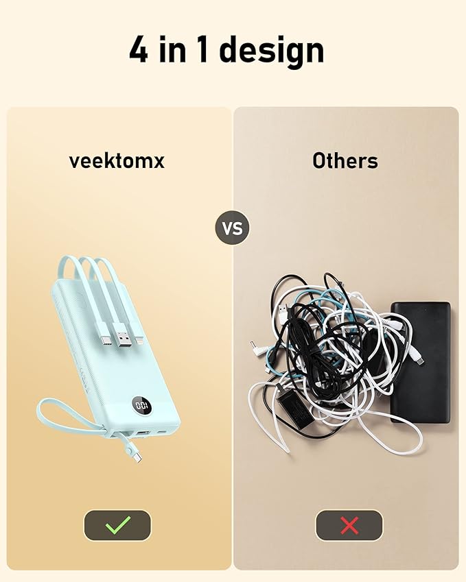VEEKTOMX Portable Charger Built-in Cables, Power Bank for iPhone, Fast Charge USB C Battery Pack Travel Essentials Powerbank Compatible with iPhone 17/16/15/14, Samsung S25/24