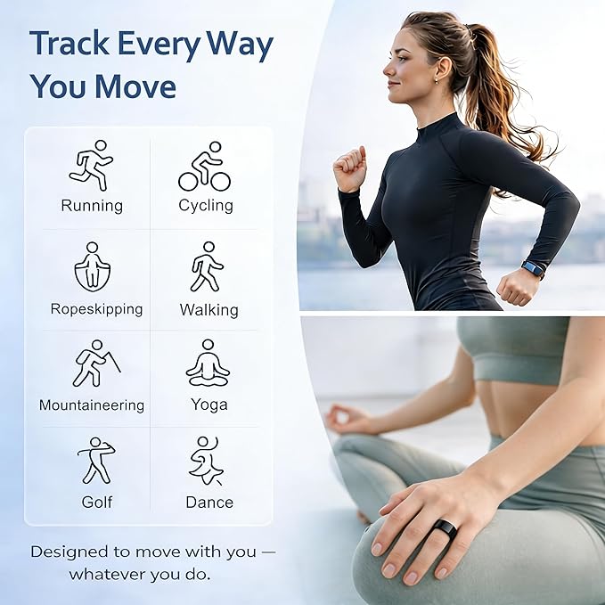 Smart Ring Health & Fitness Tracker for Men & Women, Heart Rate, SPO₂, Sleep & Activity Monitoring, IP68 Waterproof, Long Battery Life, Family Care Mode, No Subscription Fee (Black, 12)