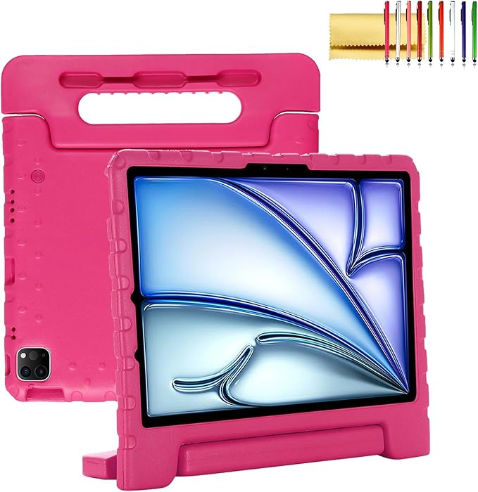 Dteck Kids Case for iPad Air 11" M2 2024, iPad Pro 11" Case 2024, Lightweight Shockproof Rugged EVA Kids Friendly Handle Kickstand Child Proof Protective Case with Pencil Holder, Rose