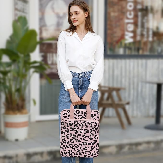 MOSISO 12.9 inch Tablet Sleeve Bag for iPad Pro 13 M4&iPad Air 13 M3 M2,iPad Pro 12.9 M2 M1 6/5th,Surface Laptop Go 12.4,Galaxy Tab S8+/S9+ 12.4, Leopard Grain Tablet Shoulder Bag with 3 Pockets, Pink