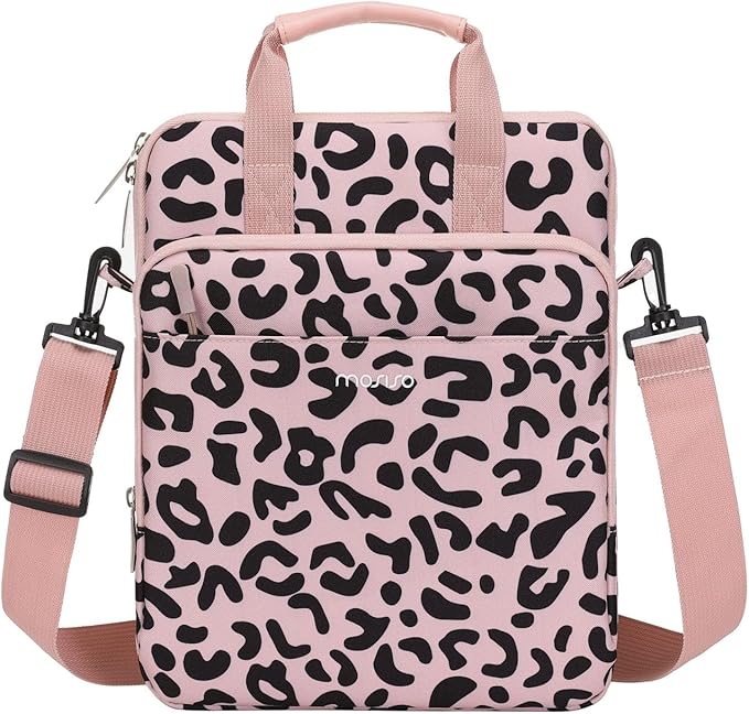 MOSISO 12.9 inch Tablet Sleeve Bag for iPad Pro 13 M4&iPad Air 13 M3 M2,iPad Pro 12.9 M2 M1 6/5th,Surface Laptop Go 12.4,Galaxy Tab S8+/S9+ 12.4, Leopard Grain Tablet Shoulder Bag with 3 Pockets, Pink