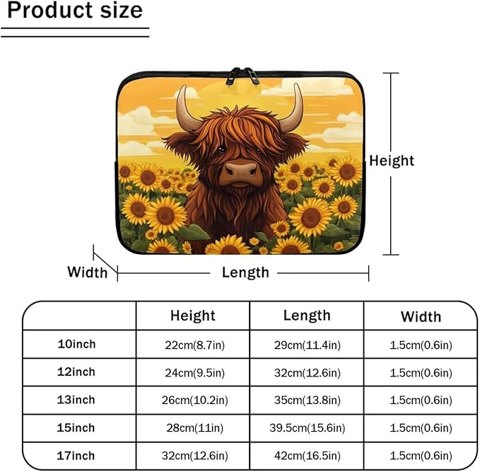 Highland Cow Laptop Protective Sleeve for Women 10inch Computer Sleeve Bag Sunflower Portable Lap Top Case Suitable for Travel School Office Neatly Organizers Brown