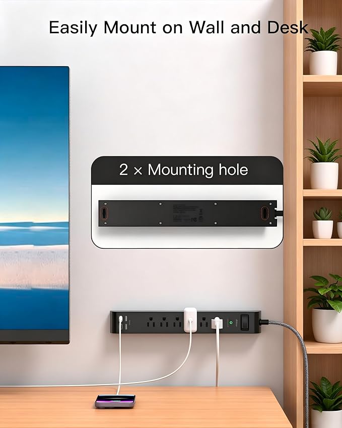 Surge Protector Power Strip 25FT, 10-in-1 with 6 AC Outlets 4 USB Ports(2 USB-C), Ultra Flat Plug Braided Extension Cord, Wall Mountable, 1080J Surge Protection, ETL Listed, Black