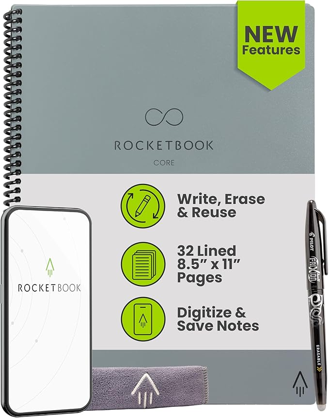 Rocketbook Core Reusable Smart Notebook, Lined Pages For School, Work and Creative Projects, Letter Size 8.5x11, Gray - Premium