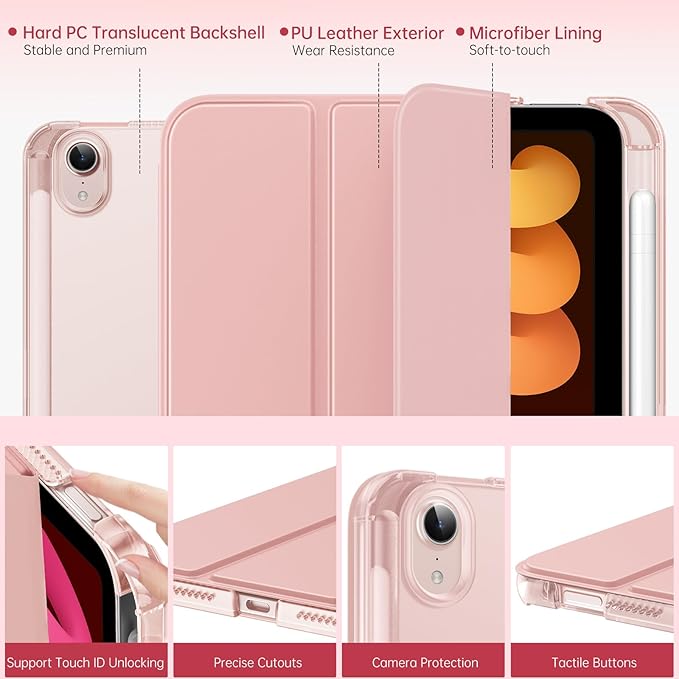 MoKo for iPad mini 7 A17 Pro Case 2024, iPad mini 6th Generation Case 8.3 Inch 2021 with Pencil Holder, Slim Light Trifold Smart Protective Cover with Hard PC Translucent Back Shell, Rose Gold