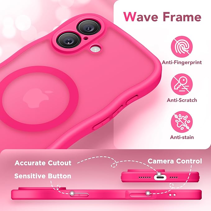 CAPRARO for iPhone 16 Plus Case for Women Girls, Upgraded [Full Camera Protection] [Compatible with MagSafe] Cute Wave Translucent Matte Phone Case for iPhone 16 Plus, Hot Pink