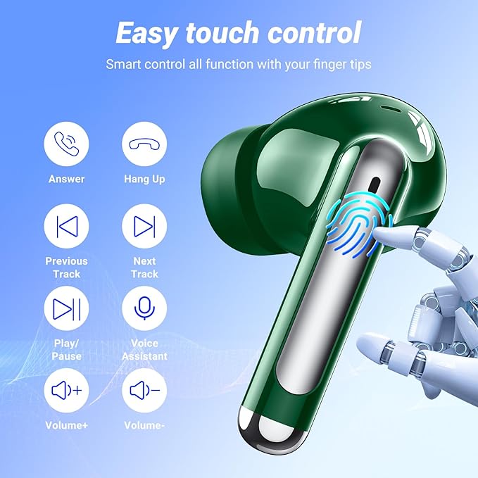 Wireless Earbuds Bluetooth 5.4 Headphones HiFi Stereo 42H Playback in Ear with 4 ENC Noise Cancelling Mic, IPX7 waterproof and LED battery display screen for Running Fitness Office Ear Buds in Green