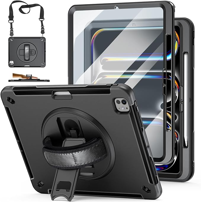 Case for iPad Pro 13 Inch M5 2025/ M4 2024: Military Grade Cover for iPad Pro 13" with Screen Protector - Stand - Handle - Shoulder Strap - Pencil Holder- Black