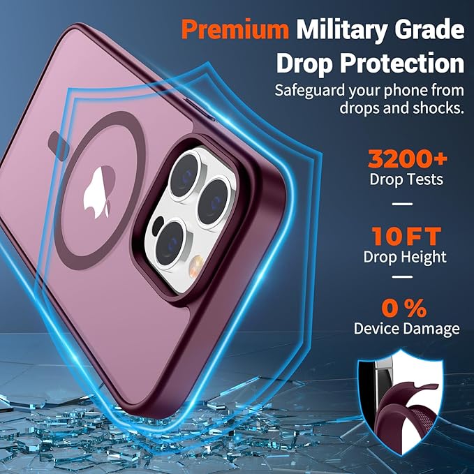 SUPFINE Magnetic for iPhone 14 Pro Case (Compatible with MagSafe) (Military Grade Drop Protection) Slim Translucent Matte Shockproof with Anti-Fingerprint Phone Case,Wine Red