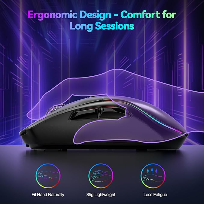 TECKNET Tri-Mode Wireless Gaming Mouse, RGB Backlit Bluetooth 5.0/2.4G/USB-C Rechargeable Ergonomic Mouse with 6 Programmable Buttons, 24000 DPI, 1000Hz Polling Rate, for PC Laptop Mac Gamer