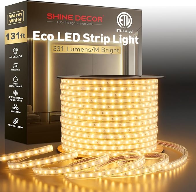 Shine Decor LED Strip Light Easy Connectable, 2800K Warm White Cold Resist Weatherproof Plug-in for Indoor Outdoor, 101 LM/FT Dimmable Bright Eco Rope Lighting 131FT, 120V Whole Set ETL Listed