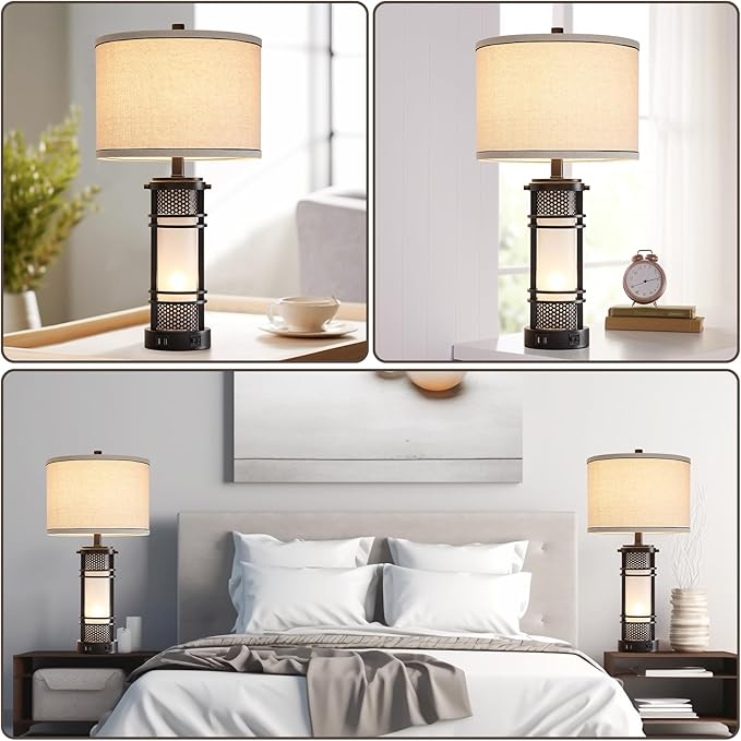 AIEAMPDO Set of 2 Modern Table Lamps for Living Room, Contemporary Nightstand Lamp with Dual USB Port, Bedside Lamps with White Frosted Glass Night Light for Bedroom, 4 Bulbs Included (Black)