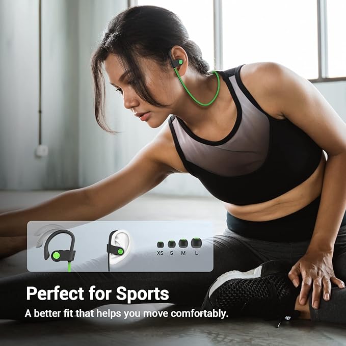POIUZET Bluetooth Headphones, IPX7 Waterproof Wireless Sports Earbuds, HiFi Bass Stereo Earphones with Noise Cancelling Mic, 12 Hrs Playtime Headsets in-Ear, Running Headphones for Workout Gym