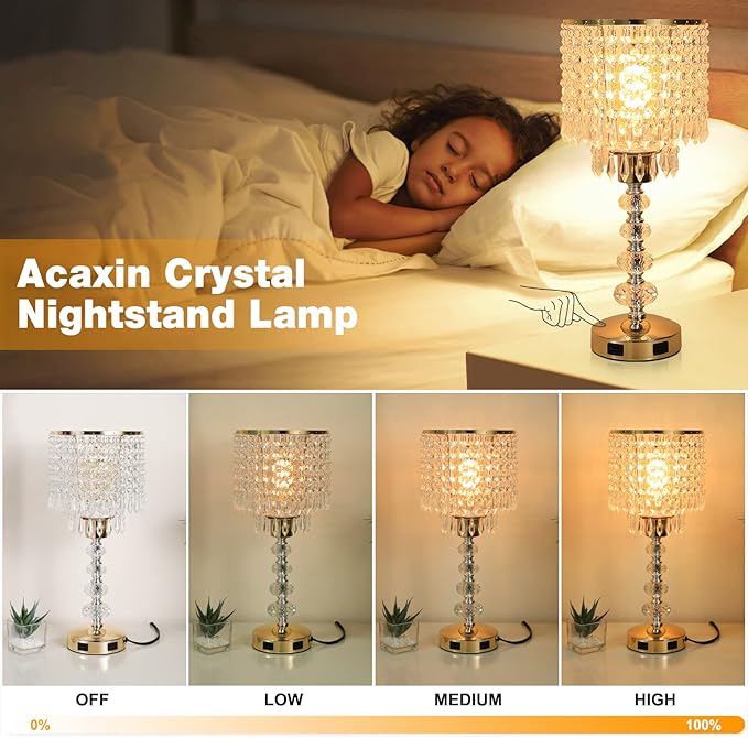 Crystal Table Bedside Lamp Touch Control, 3-Way Dimmable Small Nightstand Lamp with 2 USB Charging Ports, Decorative Gold Tabletop Lamp for Bedroom, Living Room and Guest Room