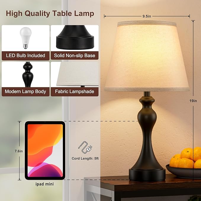 Seealle Touch Lamps for Nightstand - Bedside Lamps Set of 2, 3 Way Dimmable, USB C+A for Bedroom & End Tables (LED Bulbs Included)