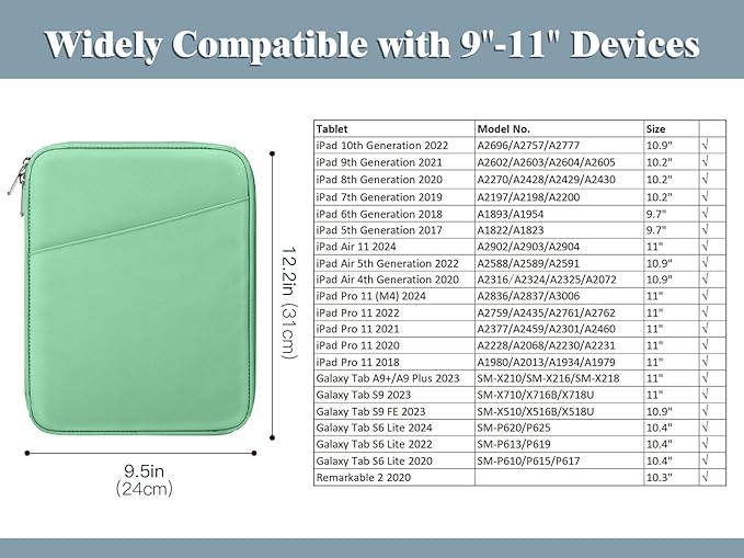 TiMOVO 9-11" Tablet Sleeve Bag for iPad 11-inch A16 2025, iPad 10.9"/10.2"| Air 11 Inch/5th/4th Gen. 10.9", Galaxy Tab A9+/A11Plus 11", Protective Bag with Pocket, Bodhi Green