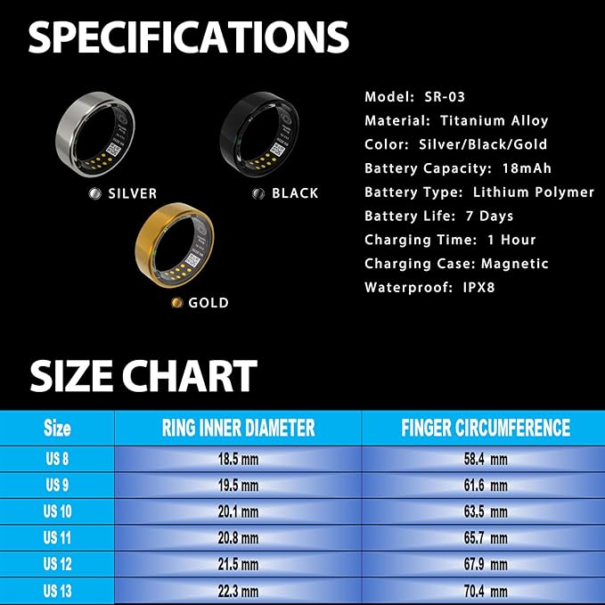Smart Ring Health Tracker with Free Subscription, Fitness Sleep Heart Rate Blood Oxygen Tracking Ring with Charging Case,Great Gift,Silver,US E