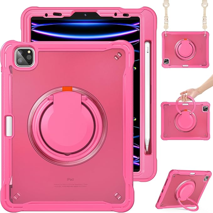 Batianda Ultimate Protective Case for iPad Pro 11-inch 2022 4th M2 Chip /2021 (3rd Generation) Rugged Shockproof Tablet Cover with 360° Rotatable Kickstand & Shoulder Strap & Pencil Holder, Pink