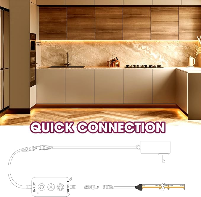 EMITEVER LED Strip Light Warm White 3000K 16.4ft,24V DC COB Dimmable Tape Lights with RF Controller,Premium High Density Power Adapter,1600LEDs Suitable for Bedroom,Kitchen Cabinets,Indoor Use