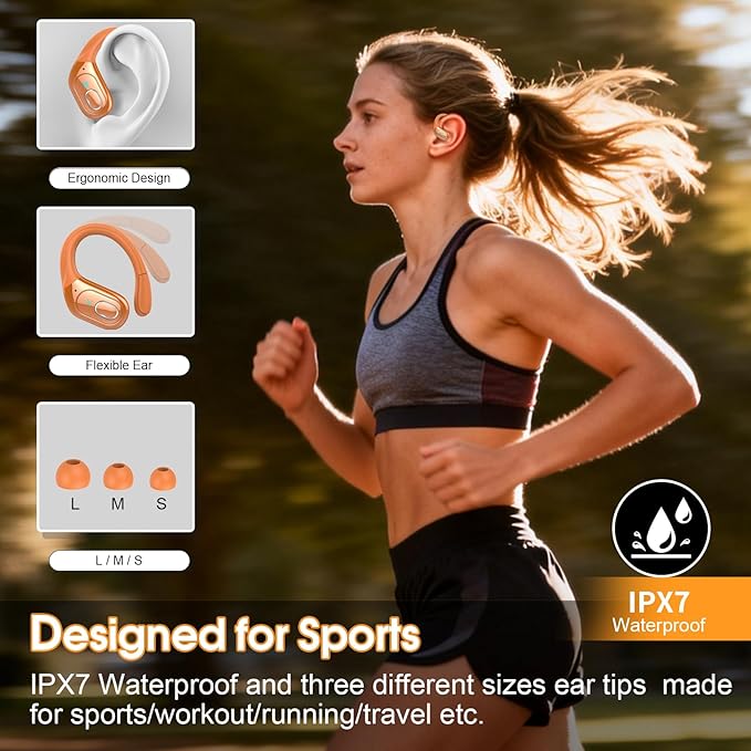 Wireless Earbuds 75hrs Bluetooth 5.4 Headphone Sport, 2026 Bluetooth Earbuds HIFI Stereo Over Ear Bud with Earhooks, ENC Noise Cancelling Mic, IPX7 Waterproof Earphone for Gym/Workout, Cosmic Orange