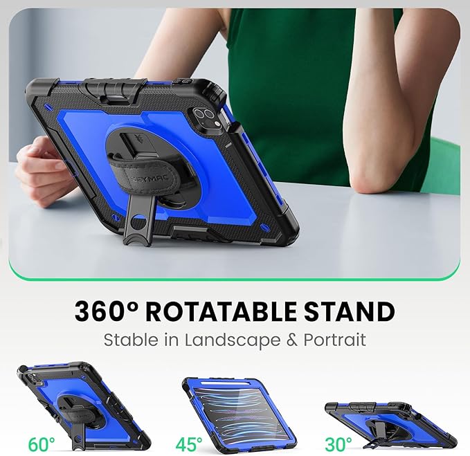 SEYMAC Case for iPad Pro 11 Case 4th/ 3rd/ 2nd/ 1st Gen (2022/2021/2020/2018), Full-Body Shockproof Protective Case with Screen Protector, 360° Rotating Stand and Hand/Shoulder Strap, Blue