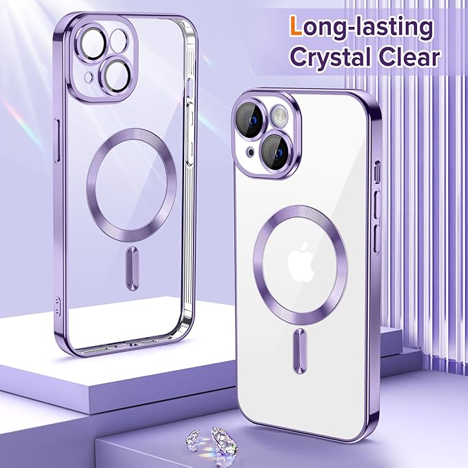 Hython Magnetic Clear for iPhone 15 Plus Case with Camera Lens Protector [Compatible with MagSafe] Luxury Plating Edge Slim Soft TPU Cover Protective Phone Case for iPhone 15 Plus 6.7", Light Purple