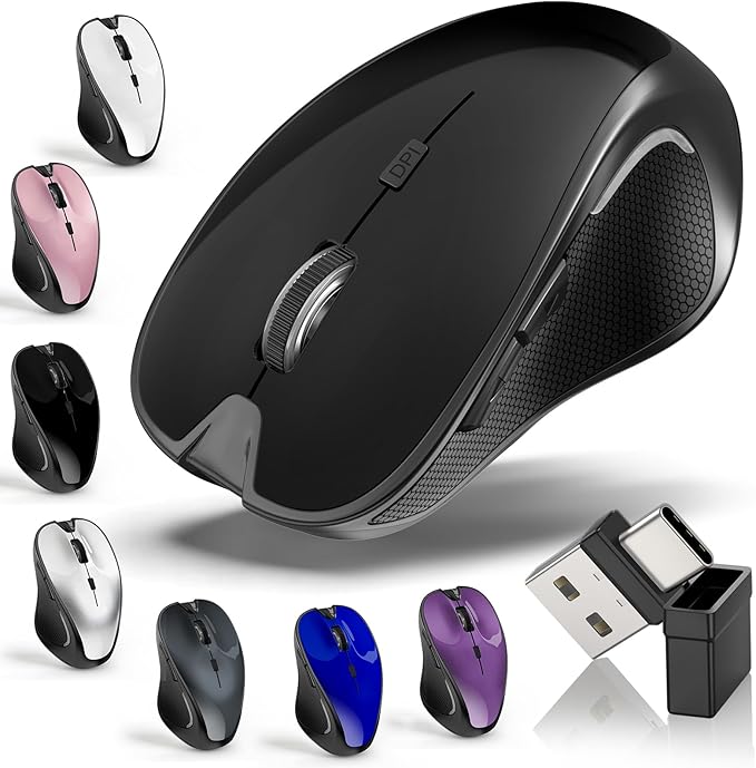 Mouse for MacBook Bluetooth Wireless Mouse Laptop MacBook Air Mac Pro Silent Rechargeable PC iPad Optical Mouse with Jiggler Dual Mode Switch Bluetooth 5.2/3.0 and 2.4GHz USB Type-C Receiver BLACK