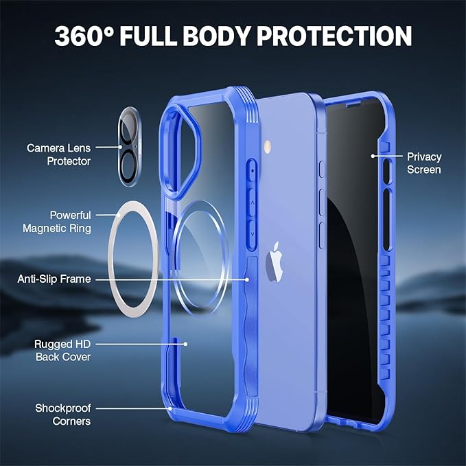 CENHUFO Magnetic Privacy for iPhone 16 Plus Case [Compatible with Magsafe] Full Body Phone Case Built-in 9H Tempered Glass Privacy Screen Protector and Camera Lens Cover, Shockproof Bumper -Light blue