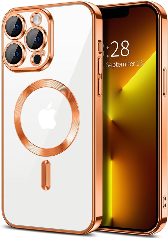 Hython Magnetic Clear for iPhone 13 Pro Max Case with Camera Lens Protector [Compatible with MagSafe] Plating Edge Slim Soft TPU Cover Protective Phone Case for iPhone 13 Pro Max 6.7", Orange