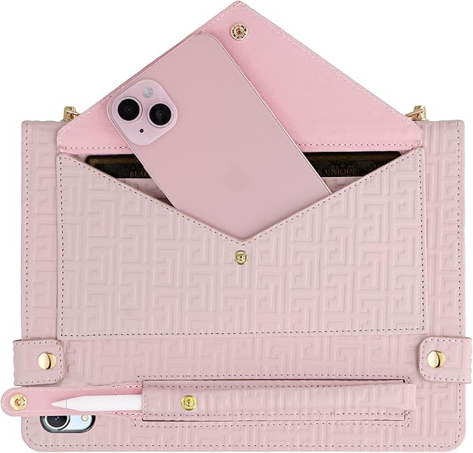 Handbag Case for iPad 11th Gen A16 2025/10th Gen 2022 10.9-inch, Techcircle Elegant Crossbody Folio Stand Wallet Case with Pencil Holder, Card Slots, Hand Strap, Shoulder Strap, Baby Pink