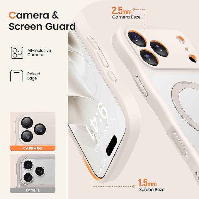 CAPRARO for iPhone 17 Pro Max Case with 360° Spin Magnetic Stand for Women, [Compatible with MagSafe] [Full Camera Protection] Cute Wave Translucent Matte Case for iPhone 17 Pro Max, Stone