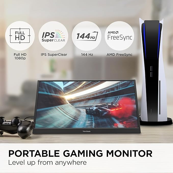 ViewSonic VX1754 17 Inch 1080p Portable Gaming Monitor, IPS Display with 144Hz for Second Screen Productivity and High-Speed Gameplay, Built-in Stand, 60W USB-C, and Mini HDMI Inputs