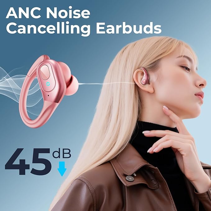 occiam Active Noise Cancelling Earbuds Wireless Bluetooth Headphones Ear Buds 90Hrs Playback Stereo Bass Earphones with Mic Over-Ear Hooks IPX7 Waterproof Headset for Work Sports (Rose Gold)